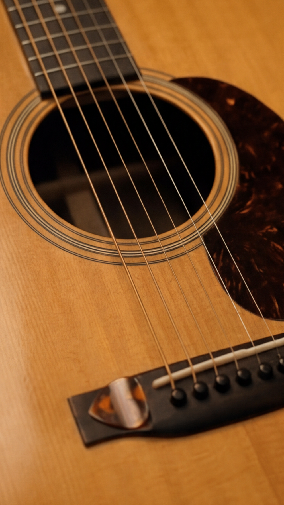 Light raking across an acoustic guitar top