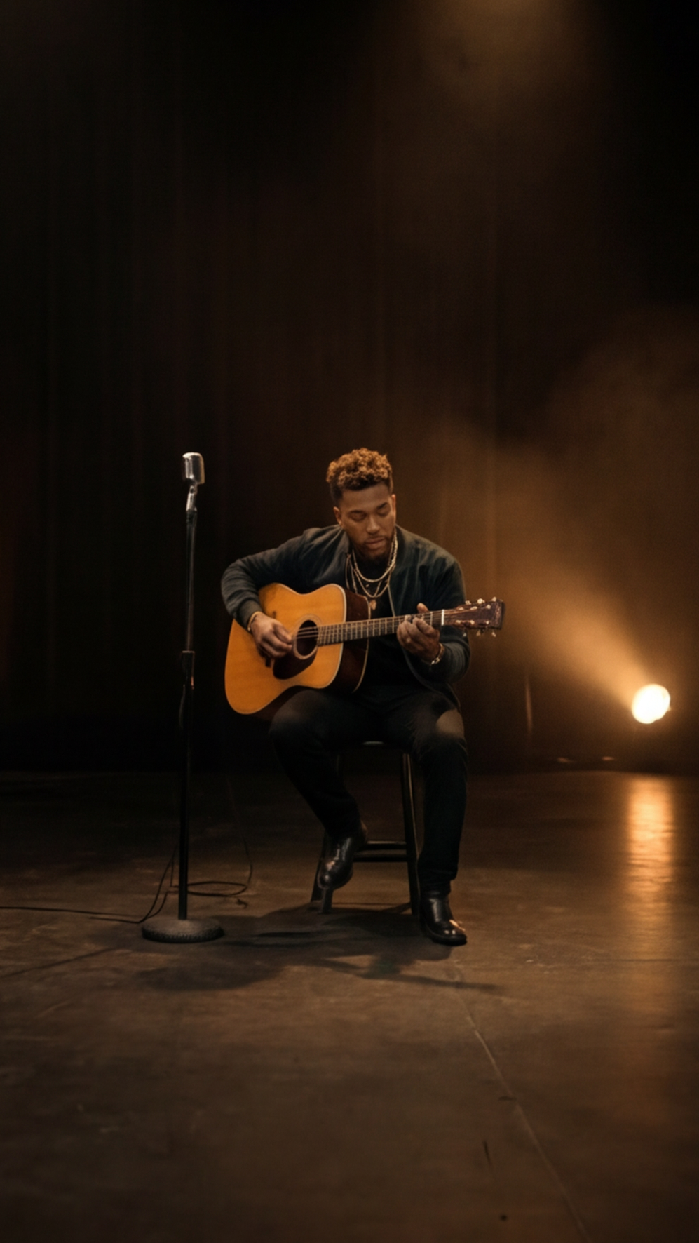 Performer alone on a darkened stage with a single warm spotlight